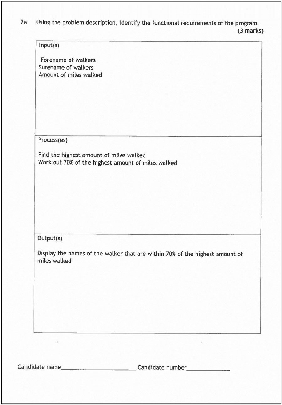 Candidate 1's handwritten functional requirements answer