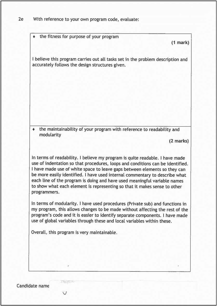 Candidate 2's evaluation of fitness for purpose, readability and modularity