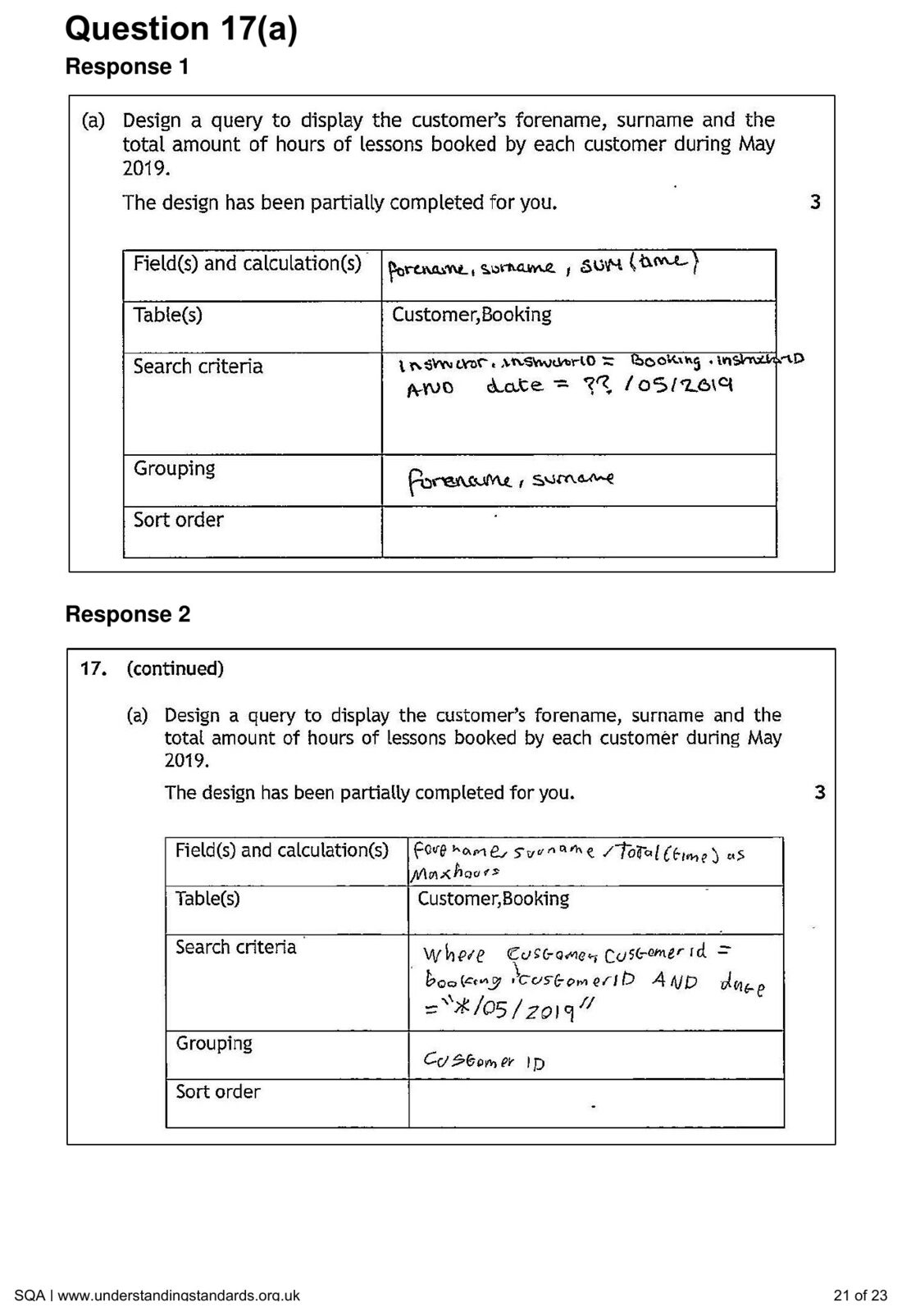 Candidate Response 1's query design table