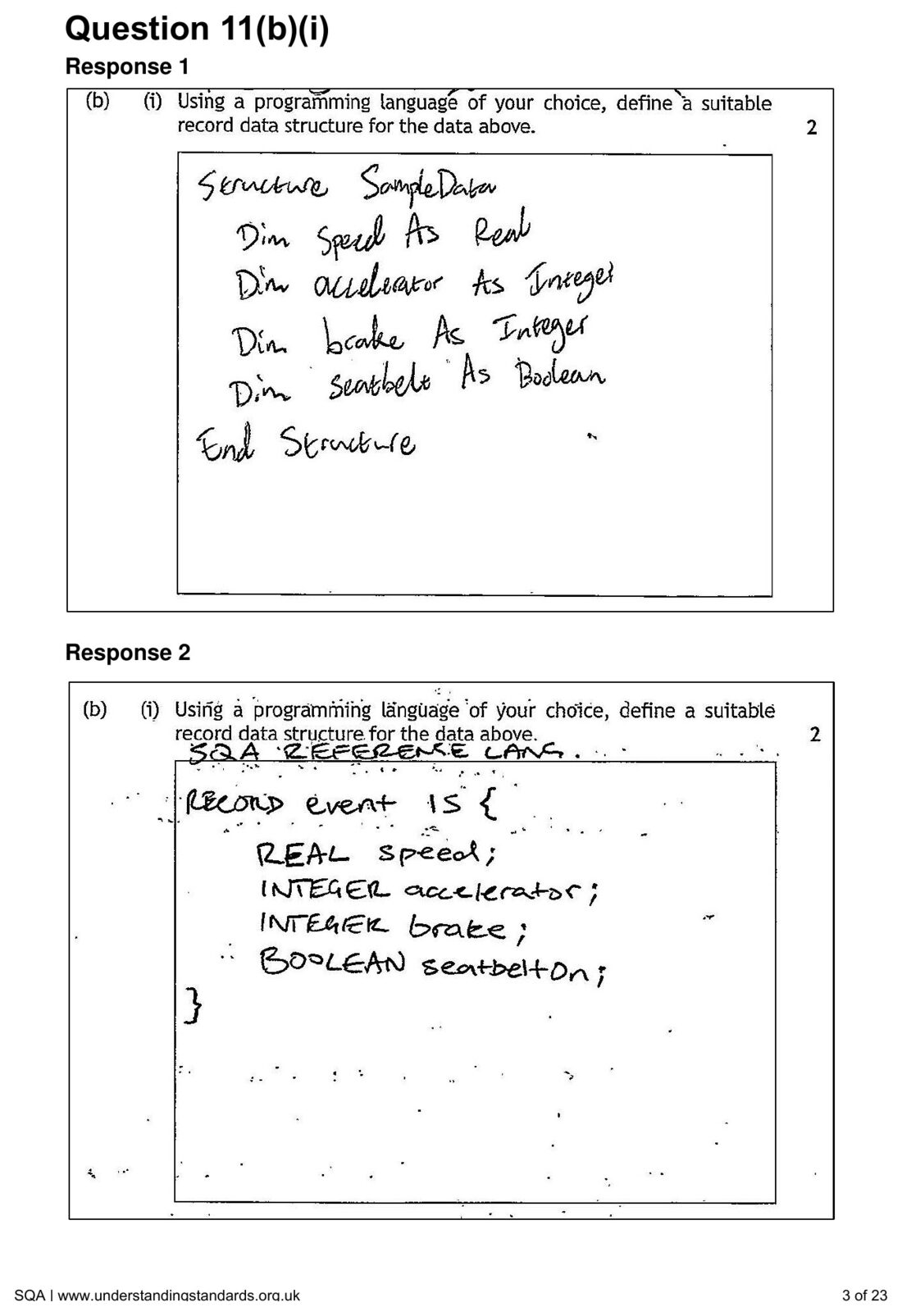 Candidate Response 1's record structure