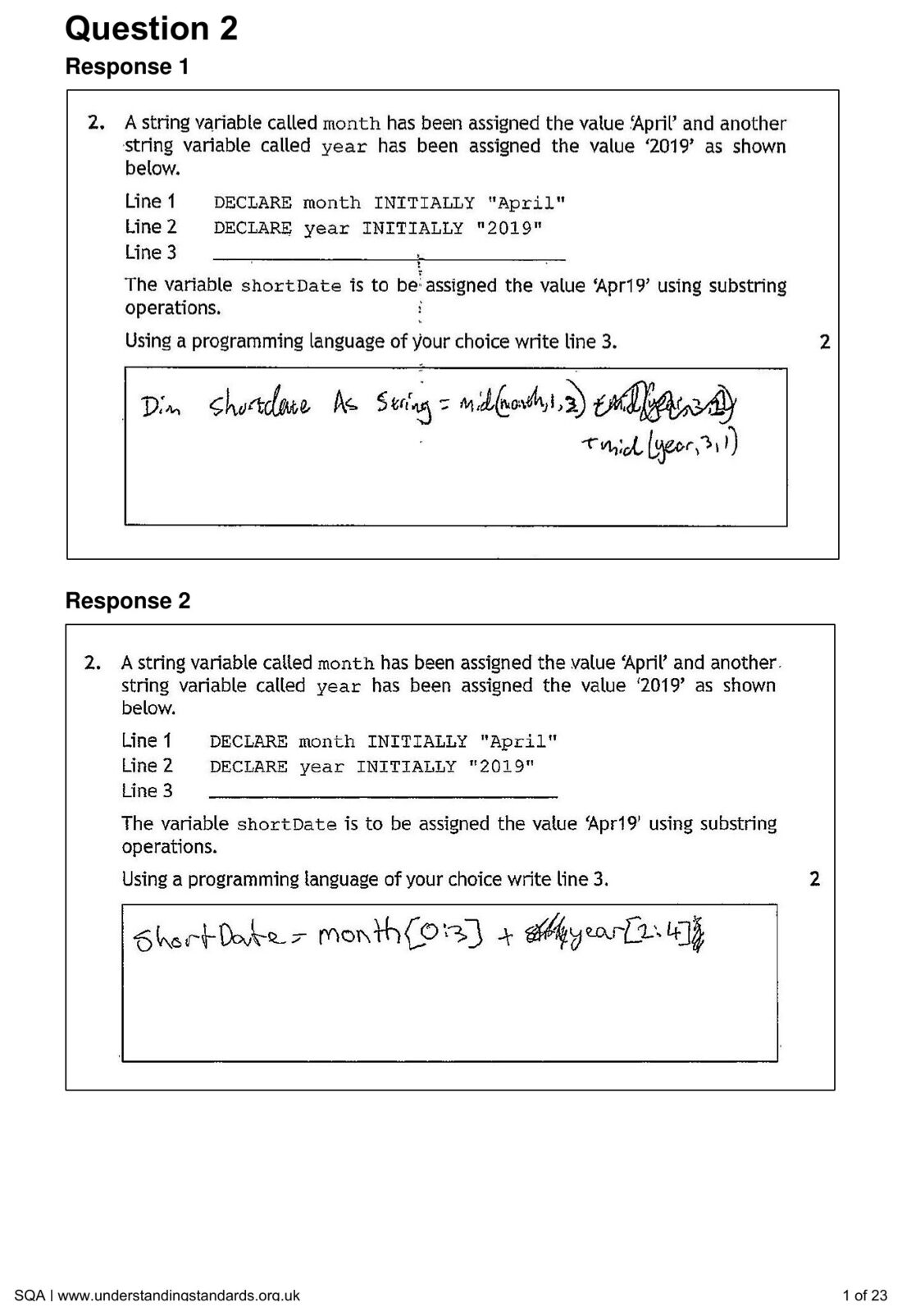 Candidate Response 1's handwritten substring answer